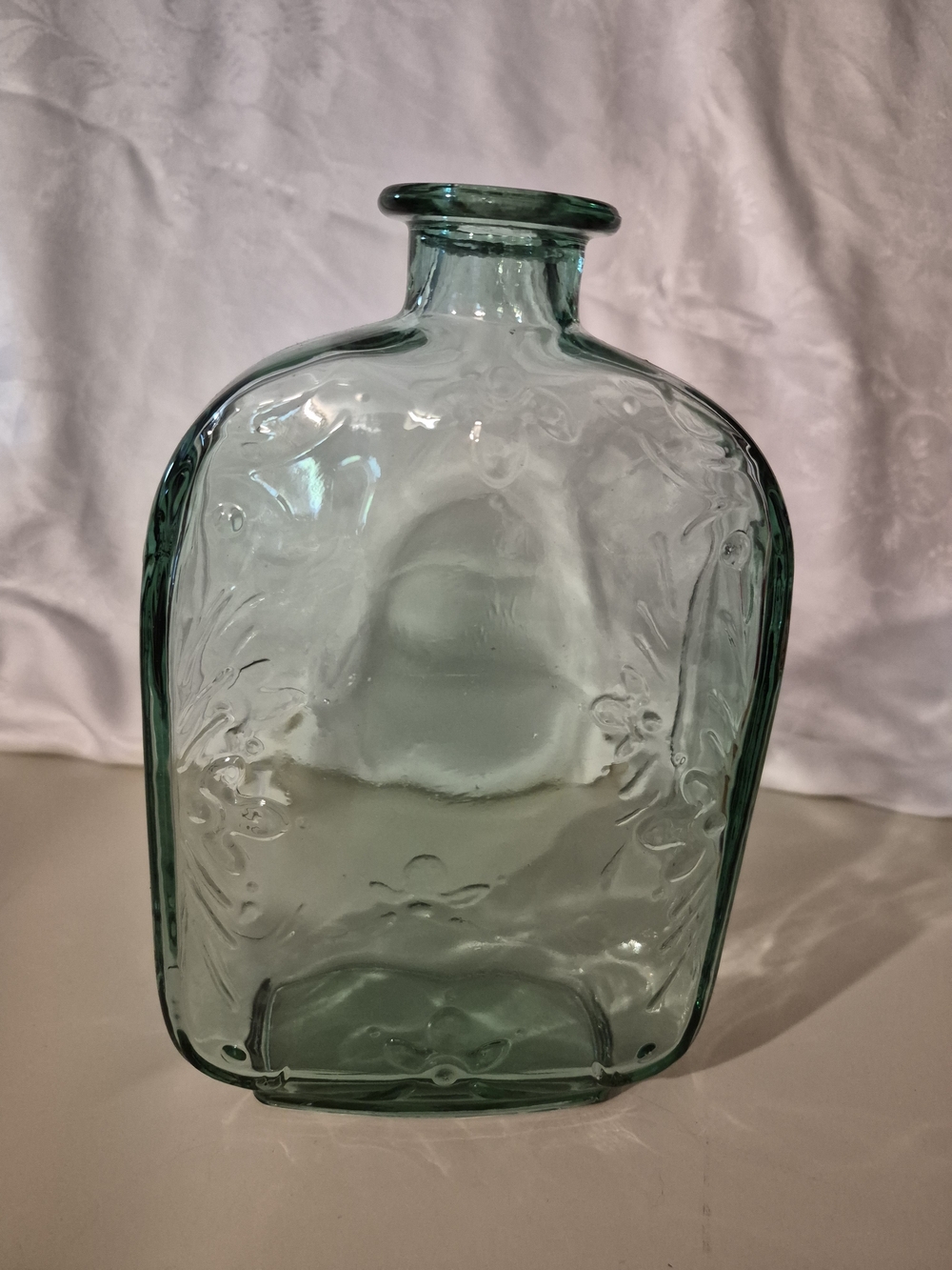 Embossed Seafoam Green Decorative Glass Flask Vase 8 X 5 X 1.75